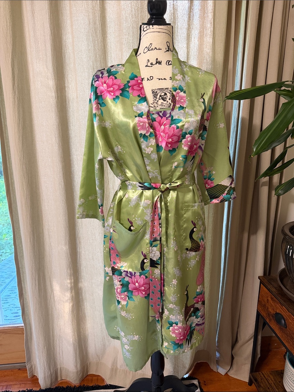 Silky Floral Peacock Kimono Robe with tank slip in Light Green